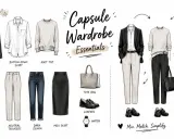 A capsule wardrobe features a blazer, button-down shirt (a type of blouse), knit top, trousers, denim, skirt, tote, loafers, and watch.