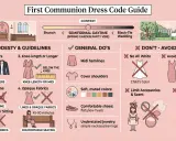Dress code guide for a female guest at a first communion: cover shoulders, knee-length or longer, modest neckline, opaque fabrics, midi hemlines, muted colors, comfortable shoes, simple jewelry.