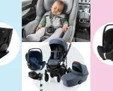 Bebé durmiendo en un asiento de coche, junto a varios tipos silla coche bebe y un cochecito.