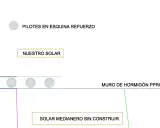 Plano de detalle muro pantalla con pilotes en esquina y muro de hormigón proyectado.