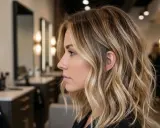 Mujer con cabello rubio ondulado y un hermoso **esfumado de raíz** que le da un look natural y moderno.