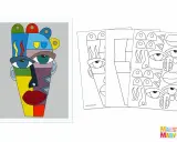 Maschere di carnevale d'autore da colorare: un volto astratto colorato e fogli con elementi da ritagliare per creare le tue maschere uniche.