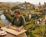 Nonna prepara la pasta con vista sui 5 borghi più belli dell'Emilia Romagna, tra castelli e vigneti autunnali.