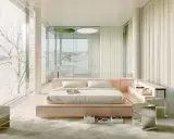 Ein minimalistisches Schlafzimmer mit einem rosafarbenen Bett, inspiriert von Andres Reisinger, und einem atemberaubenden Blick auf eine verschneite Landschaft.