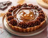 Une délicieuse tarte chocolat légère, garnie de crème onctueuse et de rosettes de chocolat, prête à être dégustée.