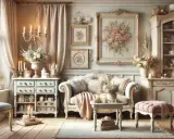 Salotto in stile shabby chic arredamento: divano, comò azzurro, armadio, quadri floreali, candele e tessuti morbidi creano un'atmosfera romantica.
