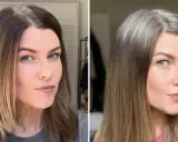 Frau lässt graue Haare rauswachsen. Links: Ansatz gefärbt, rechts: natürlicher grauer Ansatz.