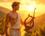 Apollon, Gott der Künste, trägt einen Lorbeerkranz und hält eine Lyra. Seine göttlichen Eigenschaften spiegeln sich im warmen Sonnenlicht.