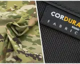 Dwa rodzaje materiału: jeden w kamuflażu, drugi czarny z widocznym logo CORDURA FABRIC.