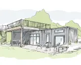 Dessin d'une maison moderne en conteneurs avec terrasse et escalier extérieur.