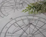 Zrozumienie, jak czytać kosmogram, to klucz do odkrywania tajemnic wszechświata. Na zdjęciu widać fragmenty kosmogramów, symboli astrologicznych i gałązkę iglastą.