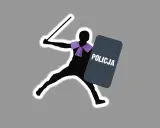 Sylwetka policjanta z tarczą i pałką, na szarym tle.
