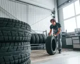 Mechanik w warsztacie przygotowuje opony zimowe przy 20 stopniach. Stosy opon czekają na wymianę.