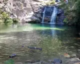 Un hombre disfruta de las pozas de Mougas, con cascadas cayendo sobre rocas y vegetación exuberante.
