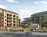 Nya Hovås: moderna lägenhetshus med balkonger, grönskande innergård med växthus och cyklar.