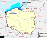 Mapa Polski z zaznaczonymi granicami i długościami. Ile Polska ma kilometrów? Linia brzegowa 770 km, granica morska 440 km.