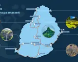 Mapa pokazuje, gdzie leży Mauritius, z zaznaczonymi atrakcjami: plaże, wodospady, jeziora, góry i żółwie.