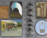 A curated selection from the David Geffen art collection, featuring diverse artworks including a woven textile, abstract paintings, a classical architectural scene, and a unique wire sculpture.