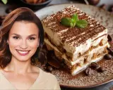 Uśmiechnięta kobieta obok pysznego tiramisu bez alkoholu, posypanego kakao i z listkiem mięty.