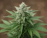 Kwiatostan odmiany White Widow, pokryty białym, krystalicznym oszronieniem, otoczony zielonymi liśćmi.