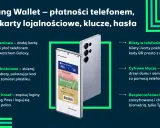 Telefon Samsung z aplikacją Samsung Wallet wyświetlającą karty: pokładową, płatniczą, członkowską i bilet do muzeum.