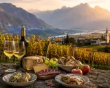 Un brindisi ai viaggi enogastronomici in Italia: vino, formaggi, pane e strudel con vista su vigneti e montagne al tramonto.
