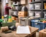 Checkliste für das Ausmisten des Kellers: Handschuhe, Reinigungsmittel und eine Rolle Müllbeutel liegen bereit. Ein Mann sortiert im Hintergrund.