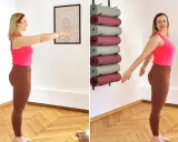 Frau übt tiefe Atmung zur Beruhigung, um sich auf Pilates vorzubereiten. Yogamatten sind an der Wand aufbewahrt.
