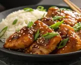 Délicieux poulet au miel glacé, parsemé de graines de sésame et d'oignons verts, servi avec du riz blanc.
