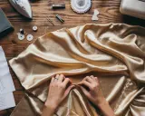 Manos ajustando tela dorada, lista para un diseño con punto jacquard. Patrones, tijeras y máquina de coser a la vista.