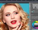 Interfaz de programas para editar fotos, mostrando una mujer con maquillaje y herramientas de ajuste de color y curvas.