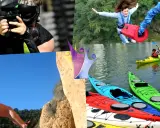 Collage de actividades de multiaventura con niños: paintball, escalada, kayak, puenting. ¡Diversión garantizada!