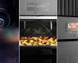 Nahaufnahme einer Miele Backofen Kamera, die durch das Glas auf mediterranes Ofengemüse blickt.