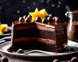 Un gâteau au chocolat moelleux et facile, avec des couches de ganache et décoré de boules de chocolat et d'étoiles jaunes.