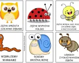 Zabawne gry logopedyczne dla 4 latka: sowa czyści zęby, biedronka wypycha policzki, pszczoła jeździ językiem, dżdżownica wibruje wargami, ślimak robi groźną minę, mrówka uśmiecha się z zębami.