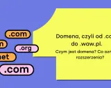 Etykiety z rozszerzeniami domen (.com, .org, .net) na niebieskim tle, obok żółtego prostokąta z tekstem.