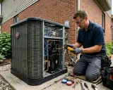 Technik sprawdza zawór rozprężny klimatyzacji, szukając objawów awarii. Narzędzia i manometry leżą obok jednostki.