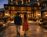 Para, trzymając się za ręce, idzie w stronę luksusowego hotelu. Idealne miejsce, gdzie na weekend we dwoje.