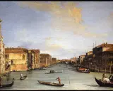 Peinture d'un canal à Venise avec des gondoles et des bâtiments historiques.
