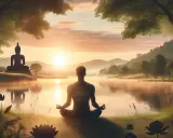 En person sitter i meditation vid en sjö, med en Buddha-staty i bakgrunden. Solnedgången skapar en fridfull atmosfär för meditation och buddhism.