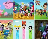 Collage de series animadas antiguas: Peppa Pig, Mickey y amigos, Paw Patrol, Hora de Aventura, Las Chicas Superpoderosas y Vampirina.