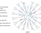 Esquemas de puntos de ganchillo para el punto "Poppy". Incluye símbolos para cadeneta, punto raso, punto bajo, punto alto y punto vareta.