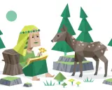Kobieta o łagodnym spojrzeniu, niczym **infp-t**, siedzi na pniu, trzymając kwiat. Obok niej stoi sarenka, a wokół rozciąga się las.