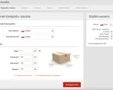 Formularz zamówienia przesyłki: kierunek transportu Polska-Polska, paczka o wadze 5 kg, wymiarach 20x30x40 cm. Szybka wycena pokazuje ceny usług kurierskich, np. DPD Pickup za 25.08 zł.