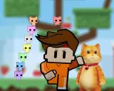 Kolorowe pikselowe stworki i rudy kot towarzyszą postaci z gry, która przypomina gry podobne do Overcooked.