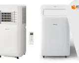 Dos aires acondicionados portátiles blancos, uno de la marca "ORIGINAL" con rejilla frontal y otro "Hisense", junto a un mando a distancia.