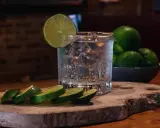 Erfrischender Gin Tonic mit Eis, Limettenscheiben und einer Schale voller Limetten. Perfekt für einen warmen Abend.
