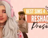Dziewczyna z różowymi słuchawkami i białą peruką, obok niej druga Simka. Napis "BEST SIMS 4 RESHADE Presets" sugeruje ulepszenia graficzne.
