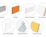 Comparaison de matériaux de construction : parpaing, brique, béton cellulaire, panneau alvéolaire, carreau de plâtre, plaque de plâtre et panneau OSB.