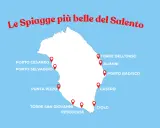 Mappa del Salento con pin che indicano le spiagge più belle: Porto Cesareo, Punta Pizzo, Torre San Giovanni, Pescoluse, Torre dell'Orso, Alimini, Porto Badisco, Castro, Ciolo.